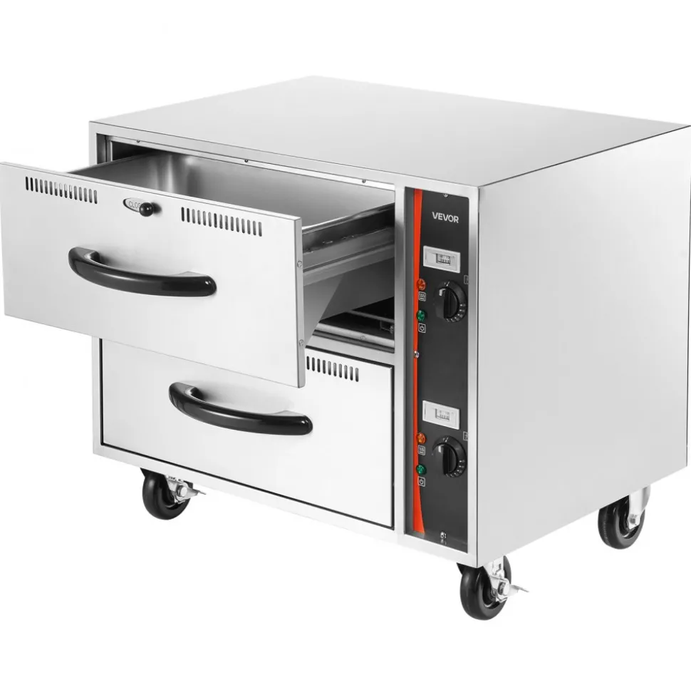 VEVOR Commercial Electric Drawer Warmer, Two-Drawer Stainless Steel Food Warmer, Freestanding Standard Warming Drawer Cabinet, 85°F–185°F Wide Temperature Range, for Restaurant, Hotel Buffet & Bakery