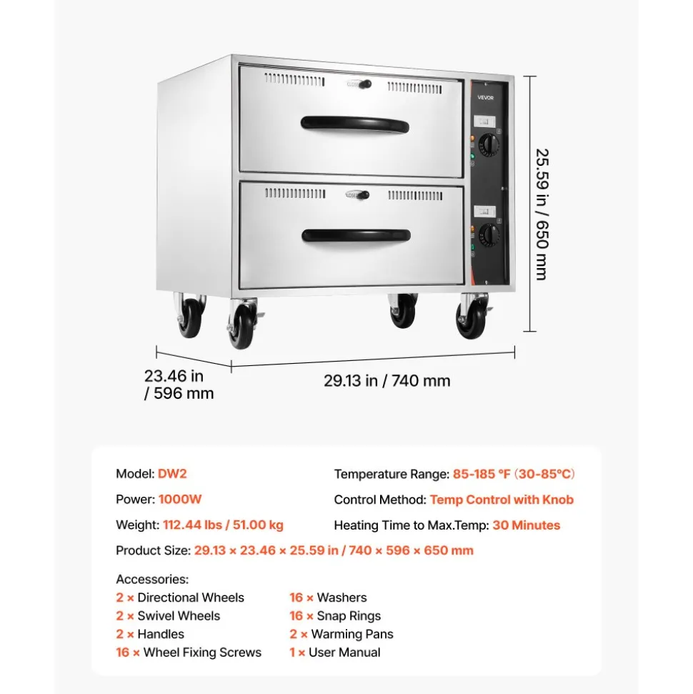VEVOR Commercial Electric Drawer Warmer, Two-Drawer Stainless Steel Food Warmer, Freestanding Standard Warming Drawer Cabinet, 85°F–185°F Wide Temperature Range, for Restaurant, Hotel Buffet & Bakery