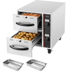 VEVOR Commercial Electric Drawer Warmer, 2 Full-Size Pan Stainless Steel Food Warmer, Freestanding Standard Warming Drawer Cabinet, 85°F–185°F Wide Temperature Range, for Restaurant, Hotel Buffet & Bakery