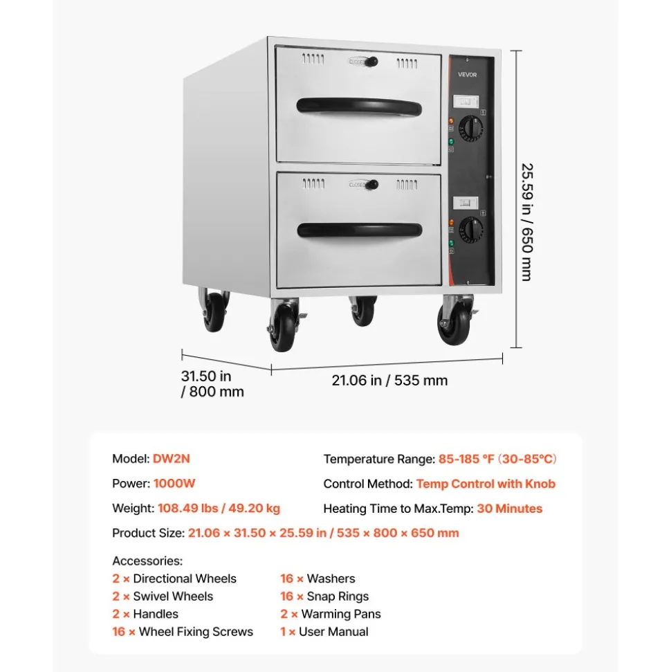 VEVOR Commercial Electric Drawer Warmer, 2 Full-Size Pan Stainless Steel Food Warmer, Freestanding Standard Warming Drawer Cabinet, 85°F–185°F Wide Temperature Range, for Restaurant, Hotel Buffet & Bakery