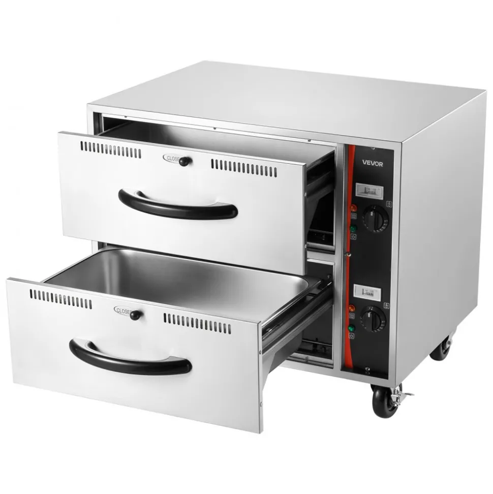 VEVOR Commercial Electric Drawer Warmer, 2 Full-Size Pan Stainless Steel Food Warmer, Freestanding Standard Warming Drawer Cabinet, 85°F–185°F Wide Temperature Range, for Restaurant, Hotel Buffet & Bakery