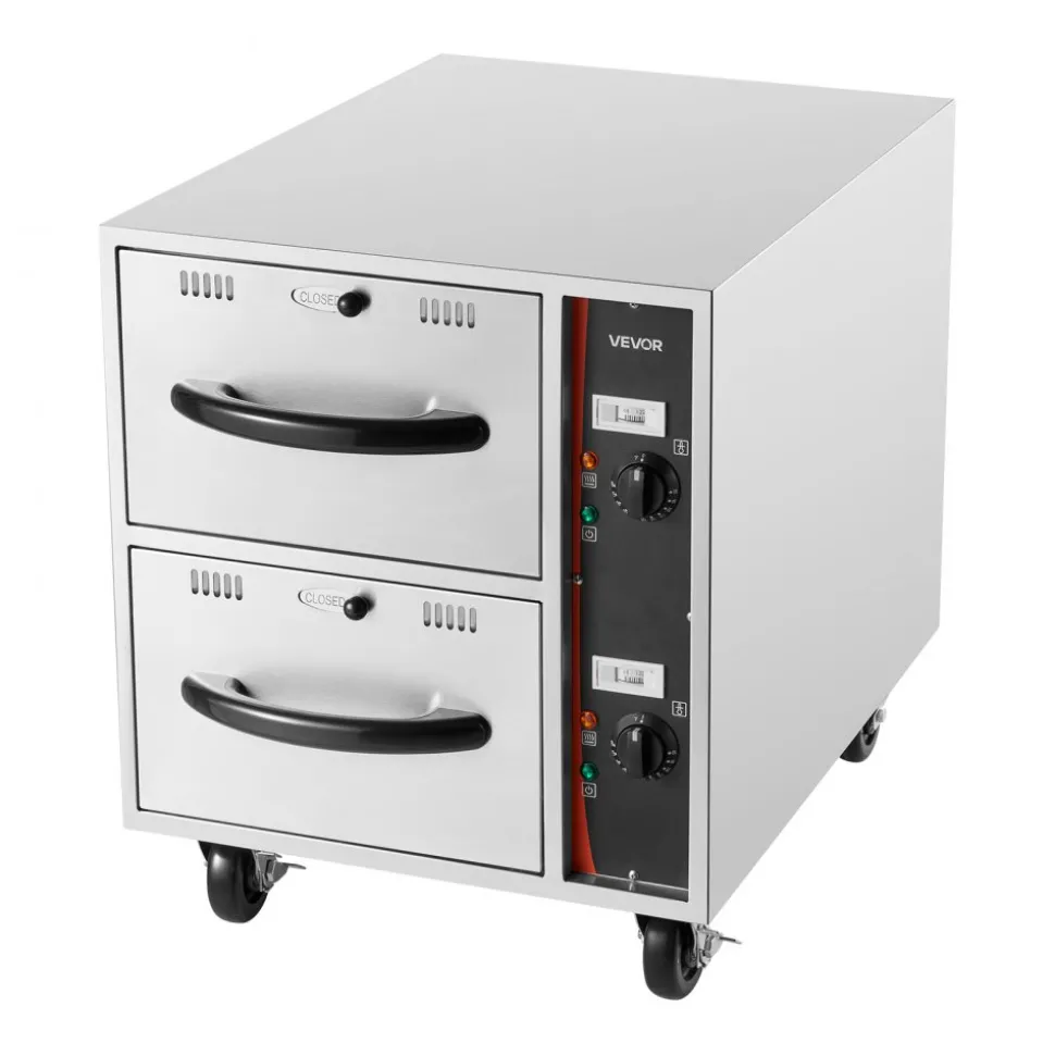 VEVOR Commercial Electric Drawer Warmer, 2 Full-Size Pan Stainless Steel Food Warmer, Freestanding Standard Warming Drawer Cabinet, 85°F–185°F Wide Temperature Range, for Restaurant, Hotel Buffet & Bakery