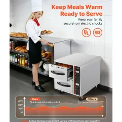 VEVOR Commercial Electric Drawer Warmer, 2 Full-Size Pan Stainless Steel Food Warmer, Freestanding Standard Warming Drawer Cabinet, 85°F–185°F Wide Temperature Range, for Restaurant, Hotel Buffet & Bakery