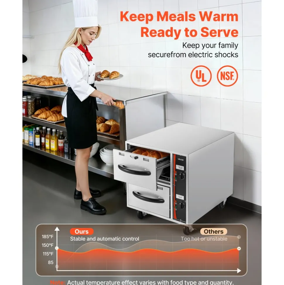 VEVOR Commercial Electric Drawer Warmer, 2 Full-Size Pan Stainless Steel Food Warmer, Freestanding Standard Warming Drawer Cabinet, 85°F–185°F Wide Temperature Range, for Restaurant, Hotel Buffet & Bakery