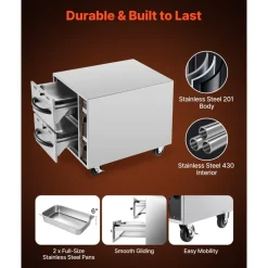 VEVOR Commercial Electric Drawer Warmer, 2 Full-Size Pan Stainless Steel Food Warmer, Freestanding Standard Warming Drawer Cabinet, 85°F–185°F Wide Temperature Range, for Restaurant, Hotel Buffet & Bakery