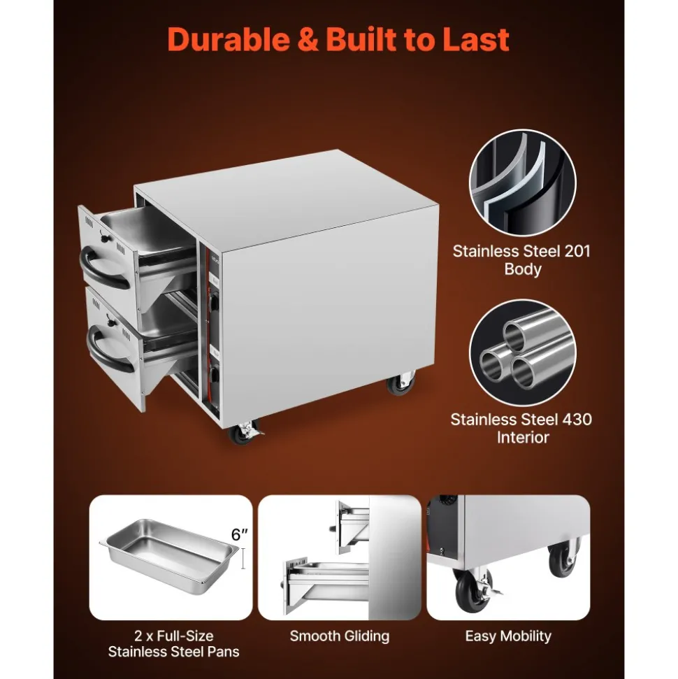 VEVOR Commercial Electric Drawer Warmer, 2 Full-Size Pan Stainless Steel Food Warmer, Freestanding Standard Warming Drawer Cabinet, 85°F–185°F Wide Temperature Range, for Restaurant, Hotel Buffet & Bakery