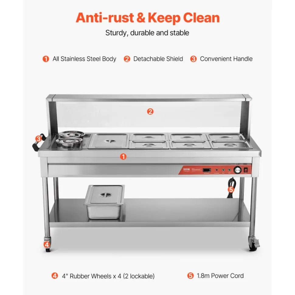 VEVOR Commercial Electric Food Warmer, 7 Pans + 2 Pots Steam Table, 1800W Professional Buffet Catering Food Warmer with Shield Undershelf Wheels, Stainless Steel Server for Party Restaurant
