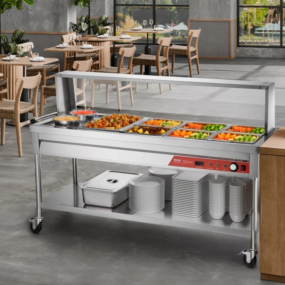VEVOR Commercial Electric Food Warmer, 7 Pans + 2 Pots Steam Table, 1800W Professional Buffet Catering Food Warmer with Shield Undershelf Wheels, Stainless Steel Server for Party Restaurant