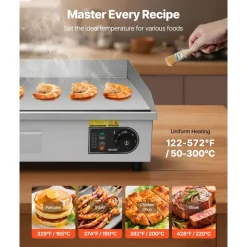 VEVOR Commercial Electric Griddle, 28.54 x 15.75 inches, 4400W, 122-570°F Adjustable Temp Control, Stainless Steel Body, Half Grooved Half Flat, with 2 Spatulas, 2 Brushes, and 4 Foot Pads, for Steak (NO PLUG)
