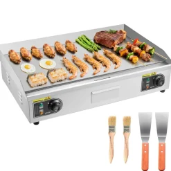 VEVOR Commercial Electric Griddle, 28.54 x 15.75 inches, 4400W, 122-570°F Adjustable Temp Control, Stainless Steel Body, Half Grooved Half Flat, with 2 Spatulas, 2 Brushes, and 4 Foot Pads, for Steak (NO PLUG)