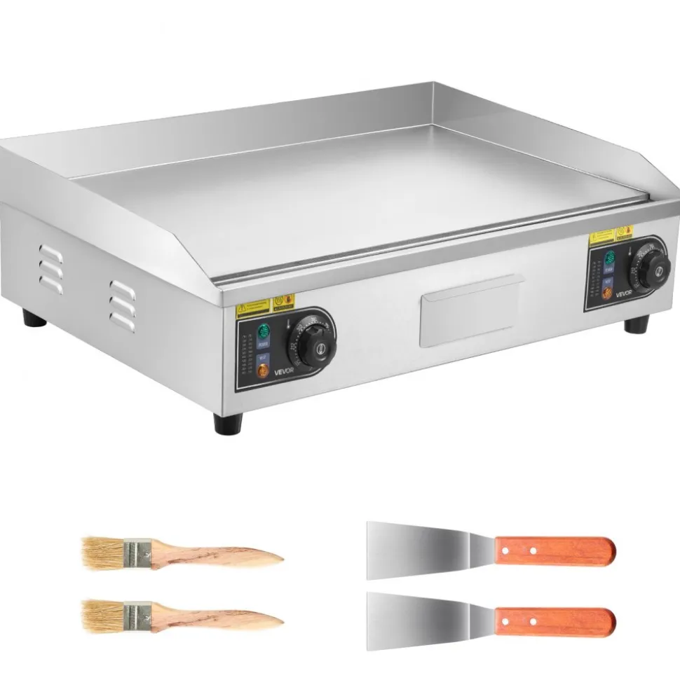 VEVOR Commercial Electric Griddle, 28.54 x 15.75 inches, 4400W, 122-570°F Adjustable Temp Control, Stainless Steel Body, Half Grooved Half Flat, with 2 Spatulas, 2 Brushes, and 4 Foot Pads, for Steak (NO PLUG)