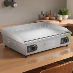VEVOR Commercial Electric Griddle, 25.79 x 15.75 inch, 2800W, 122-570°F Adjustable Temp Control, Stainless Steel Body, Full Flat, with 2 Spatulas, 2 Brushes, and 4 Foot Pads, for Steak, Pancake (NO PLUG)
