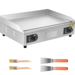 VEVOR Commercial Electric Griddle, 25.79 x 15.75 inch, 2800W, 122-570°F Adjustable Temp Control, Stainless Steel Body, Full Flat, with 2 Spatulas, 2 Brushes, and 4 Foot Pads, for Steak, Pancake (NO PLUG)