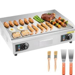 VEVOR Commercial Electric Griddle, 25.79 x 15.75 inch, 2800W, 122-570°F Adjustable Temp Control, Stainless Steel Body, Full Flat, with 2 Spatulas, 2 Brushes, and 4 Foot Pads, for Steak, Pancake (NO PLUG)