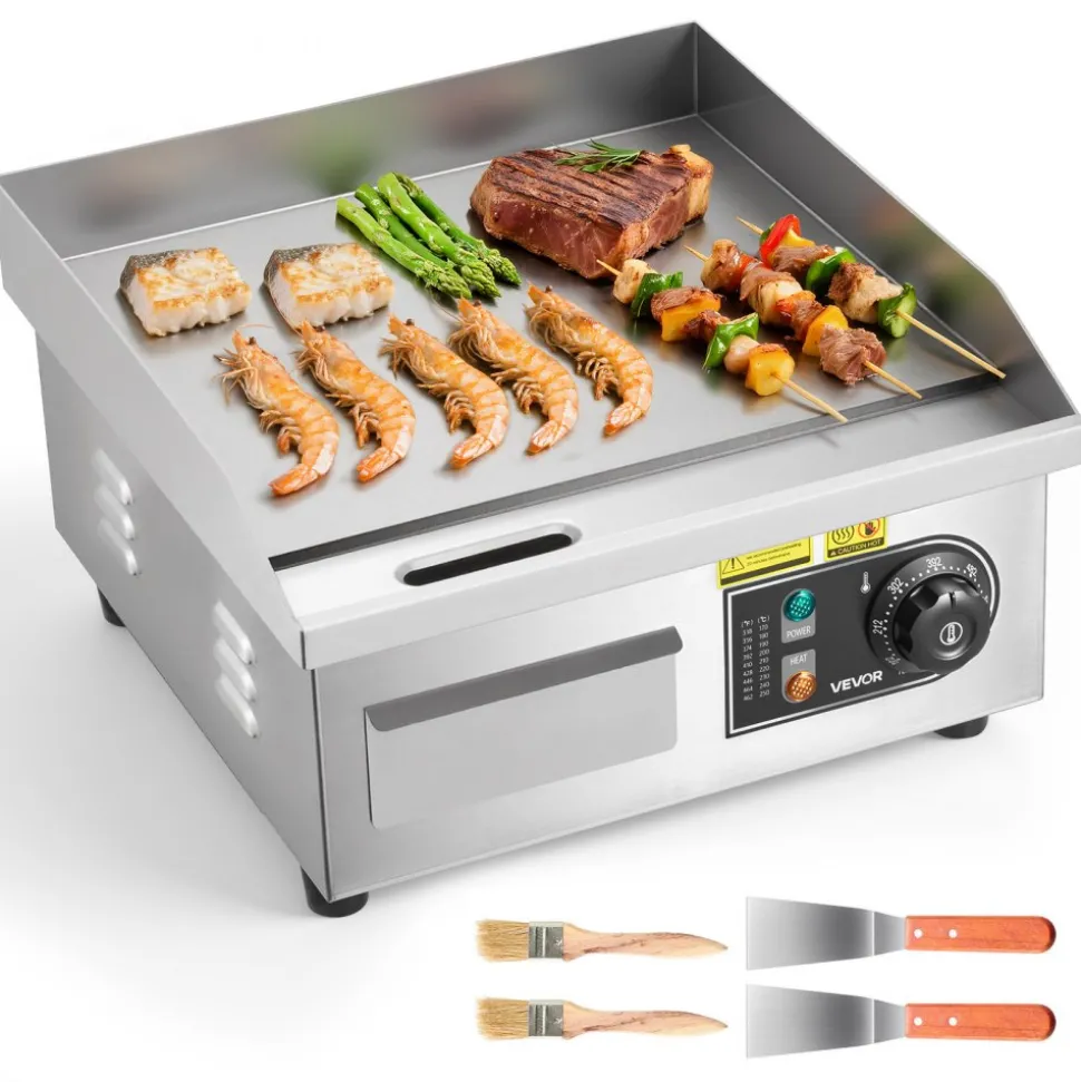 VEVOR Commercial Electric Griddle, 13.98 x 11.81 inch, 1750W, 122-570°F Adjustable Temp Control, Stainless Steel Countertop Flat Top Grill with 2 Spatulas and 2 Brushes, for Steak, Pancake, Squid