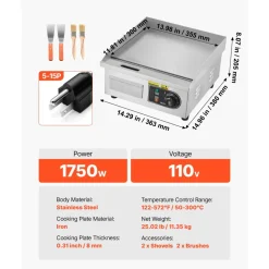 VEVOR Commercial Electric Griddle, 13.98 x 11.81 inch, 1750W, 122-570°F Adjustable Temp Control, Stainless Steel Countertop Flat Top Grill with 2 Spatulas and 2 Brushes, for Steak, Pancake, Squid