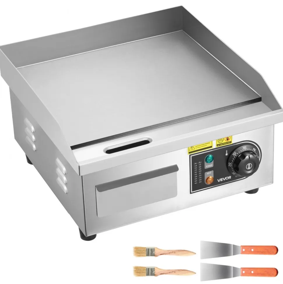 VEVOR Commercial Electric Griddle, 13.98 x 11.81 inch, 1750W, 122-570°F Adjustable Temp Control, Stainless Steel Countertop Flat Top Grill with 2 Spatulas and 2 Brushes, for Steak, Pancake, Squid