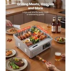 VEVOR Commercial Electric Griddle, 13.98 x 11.81 inch, 1750W, 122-570°F Adjustable Temp Control, Stainless Steel Countertop Flat Top Grill with 2 Spatulas and 2 Brushes, for Steak, Pancake, Squid