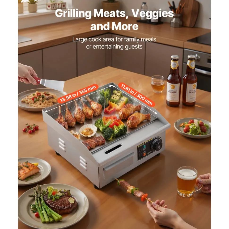 VEVOR Commercial Electric Griddle, 13.98 x 11.81 inch, 1750W, 122-570°F Adjustable Temp Control, Stainless Steel Countertop Flat Top Grill with 2 Spatulas and 2 Brushes, for Steak, Pancake, Squid