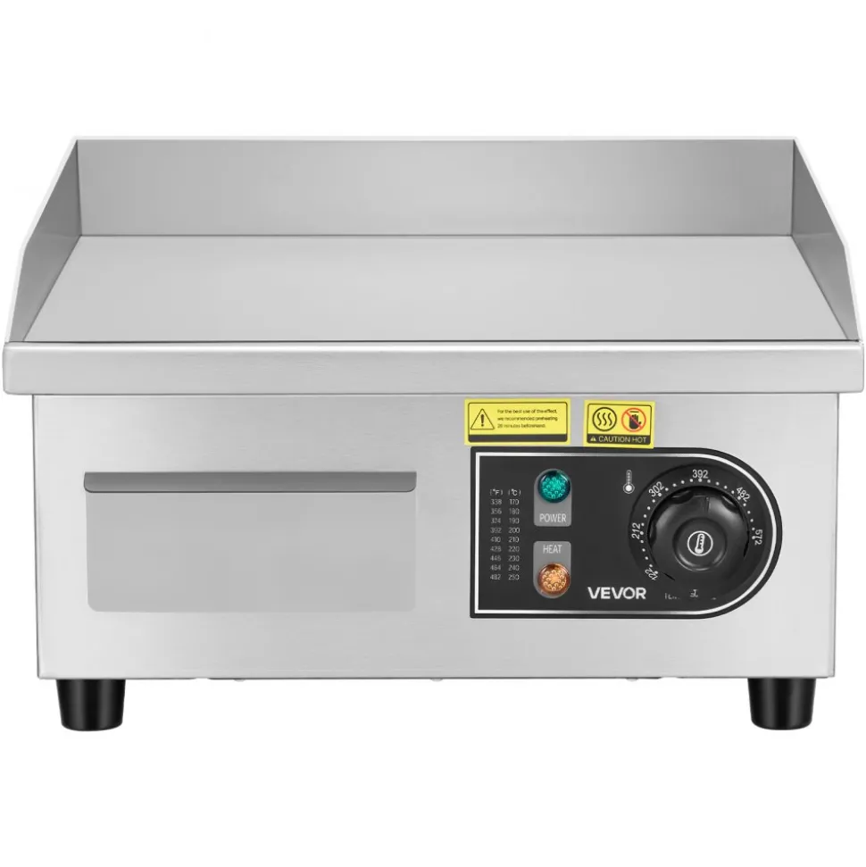 VEVOR Commercial Electric Griddle, 13.98 x 11.81 inch, 1750W, 122-570°F Adjustable Temp Control, Stainless Steel Countertop Flat Top Grill with 2 Spatulas and 2 Brushes, for Steak, Pancake, Squid