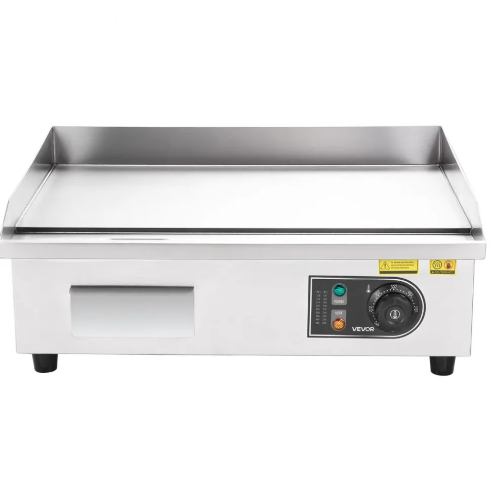 VEVOR Commercial Electric Griddle, 21.06 x 11.81 inch, 3200W, 122-570°F Adjustable Temp Control, Stainless Steel Body, Full Flat, with 2 Spatulas, 2 Brushes, and 4 Foot Pads, for Steak, Pancake