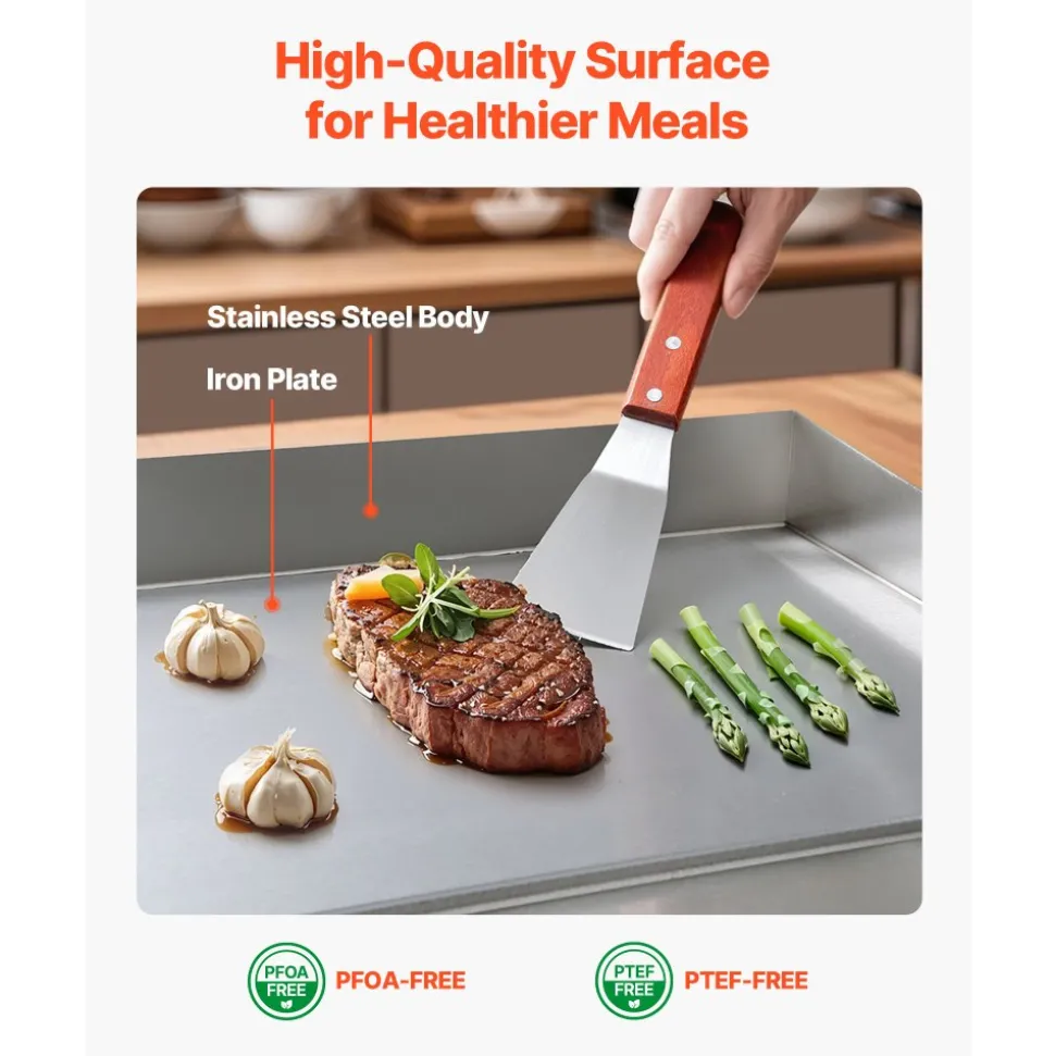 VEVOR Commercial Electric Griddle, 21.06 x 11.81 inch, 3200W, 122-570°F Adjustable Temp Control, Stainless Steel Body, Full Flat, with 2 Spatulas, 2 Brushes, and 4 Foot Pads, for Steak, Pancake