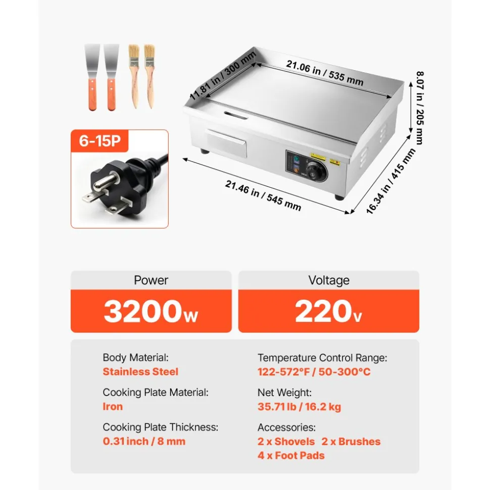 VEVOR Commercial Electric Griddle, 21.06 x 11.81 inch, 3200W, 122-570°F Adjustable Temp Control, Stainless Steel Body, Full Flat, with 2 Spatulas, 2 Brushes, and 4 Foot Pads, for Steak, Pancake