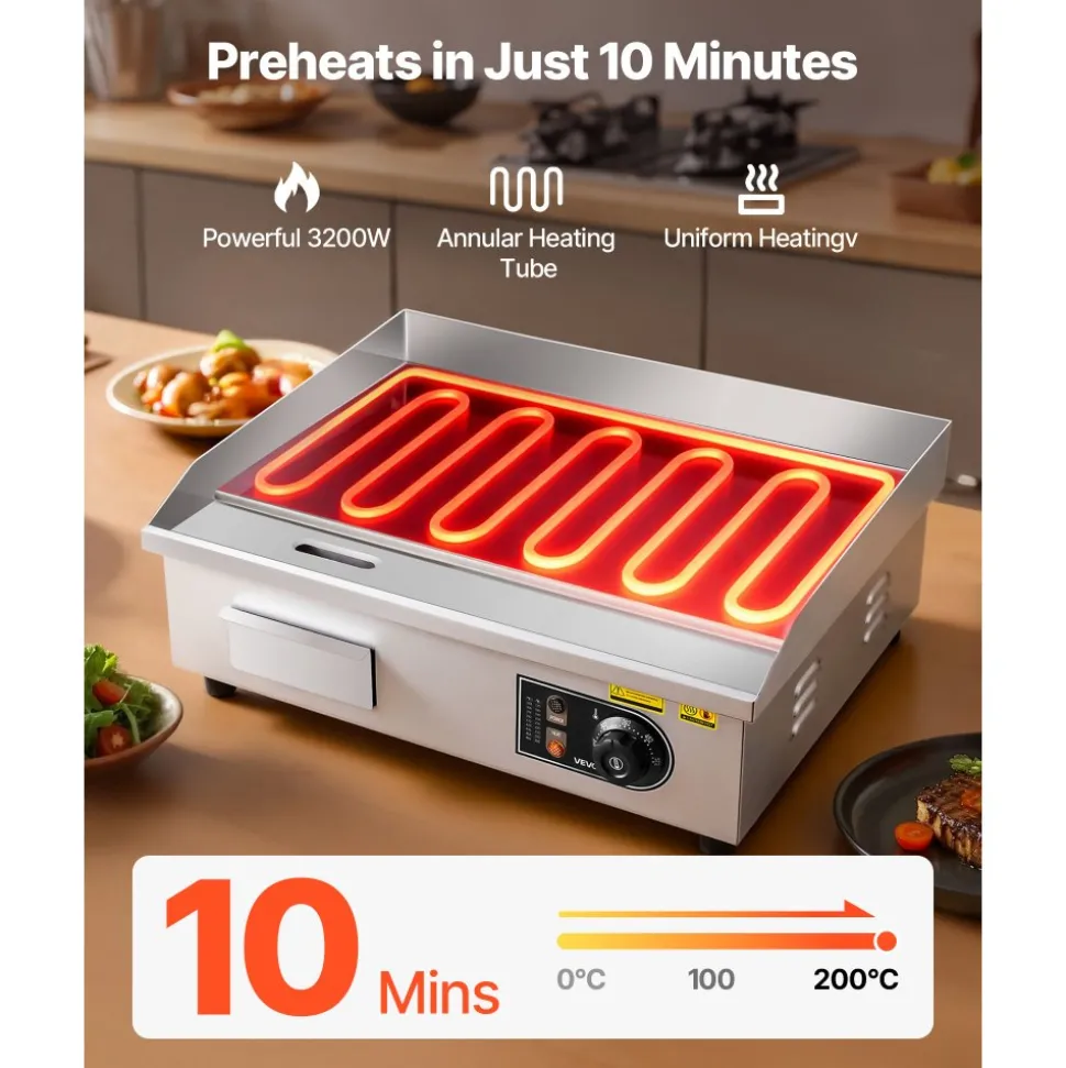 VEVOR Commercial Electric Griddle, 21.06 x 11.81 inch, 3200W, 122-570°F Adjustable Temp Control, Stainless Steel Body, Full Flat, with 2 Spatulas, 2 Brushes, and 4 Foot Pads, for Steak, Pancake