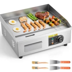 VEVOR Commercial Electric Griddle, 17.72 x 11.81 inch, 1750W, 122-570°F Adjustable Temp Control, Stainless Steel Countertop Flat Top Grill with 2 Spatulas, 2 Brushes, and 4 Foot Pads, for Steak