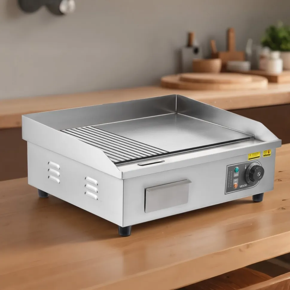 VEVOR Commercial Electric Griddle, 21.06 x 11.81 inch, 1750W, 122-570°F Adjustable Temp Control, Stainless Steel Body, Half Grooved Half Flat, with 2 Spatulas, 2 Brushes, and 4 Foot Pads, for Steak