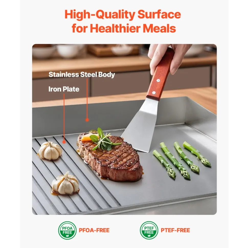 VEVOR Commercial Electric Griddle, 21.06 x 11.81 inch, 1750W, 122-570°F Adjustable Temp Control, Stainless Steel Body, Half Grooved Half Flat, with 2 Spatulas, 2 Brushes, and 4 Foot Pads, for Steak