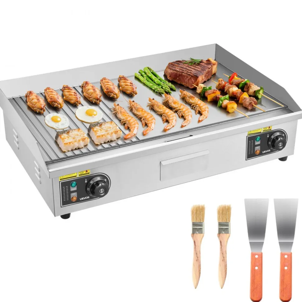 VEVOR Commercial Electric Griddle, 28.54 x 15.75 in, 2800W, 122-570°F Adjustable Temp Control, Stainless Steel, Half Grooved Half Flat, with 2 Spatulas, 2 Brushes, and 4 Foot Pads, for Steak(NO PLUG)