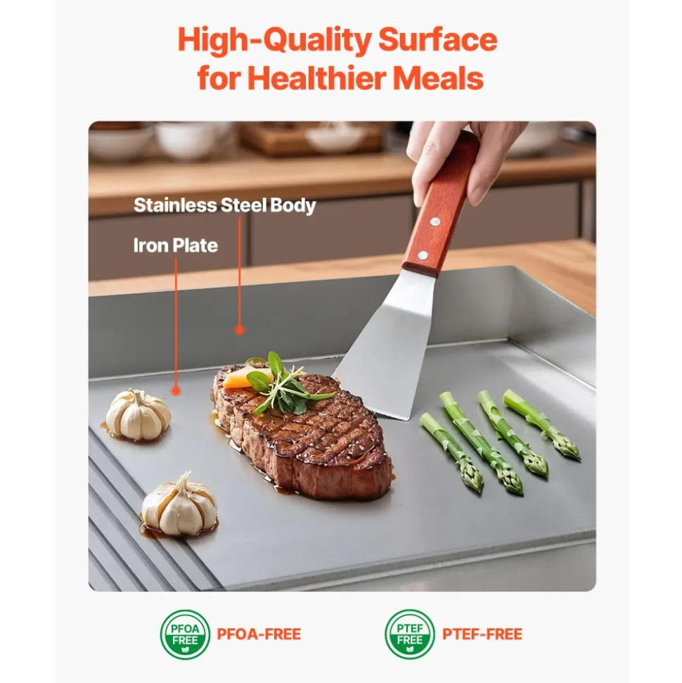 VEVOR Commercial Electric Griddle, 28.54 x 15.75 in, 2800W, 122-570°F Adjustable Temp Control, Stainless Steel, Half Grooved Half Flat, with 2 Spatulas, 2 Brushes, and 4 Foot Pads, for Steak(NO PLUG)