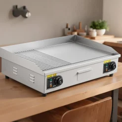 VEVOR Commercial Electric Griddle, 28.54 x 15.75 in, 2800W, 122-570°F Adjustable Temp Control, Stainless Steel, Half Grooved Half Flat, with 2 Spatulas, 2 Brushes, and 4 Foot Pads, for Steak(NO PLUG)