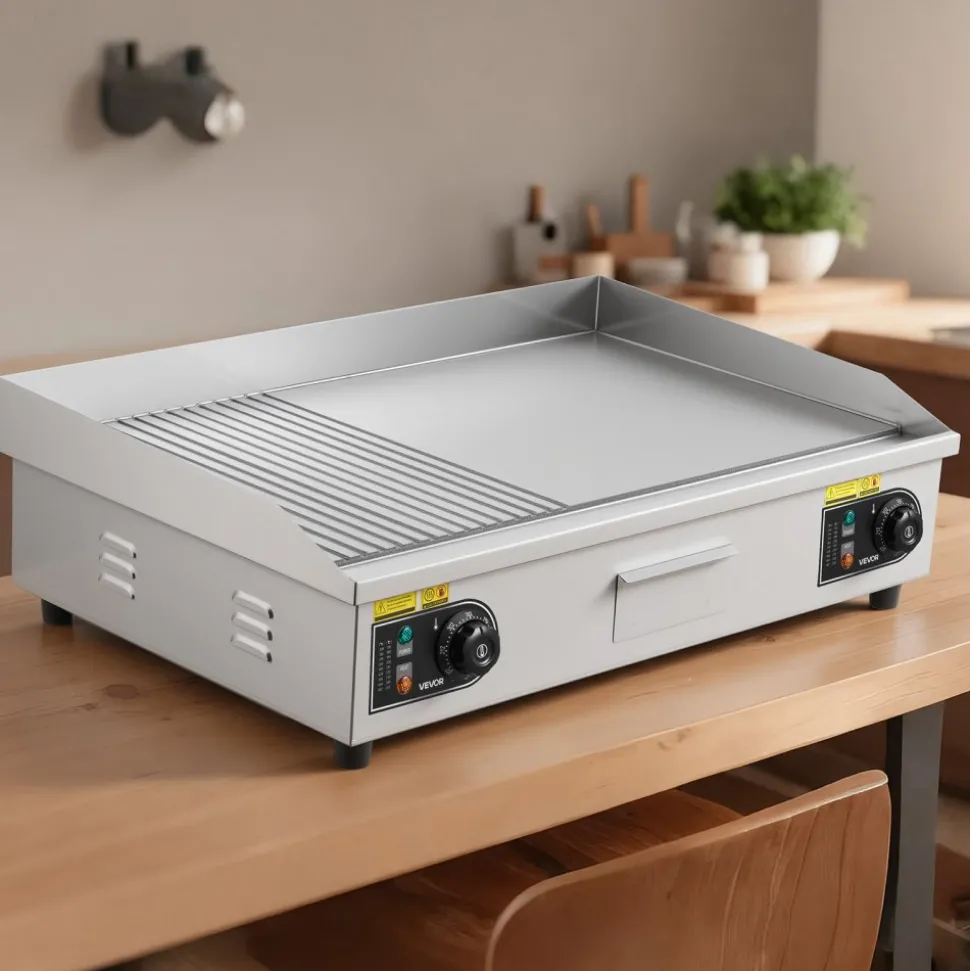 VEVOR Commercial Electric Griddle, 28.54 x 15.75 in, 2800W, 122-570°F Adjustable Temp Control, Stainless Steel, Half Grooved Half Flat, with 2 Spatulas, 2 Brushes, and 4 Foot Pads, for Steak(NO PLUG)