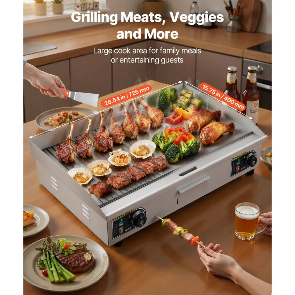 VEVOR Commercial Electric Griddle, 28.54 x 15.75 in, 2800W, 122-570°F Adjustable Temp Control, Stainless Steel, Half Grooved Half Flat, with 2 Spatulas, 2 Brushes, and 4 Foot Pads, for Steak(NO PLUG)