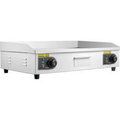 VEVOR Commercial Electric Griddle, 28.54 x 15.75 in, 2800W, 122-570°F Adjustable Temp Control, Stainless Steel, Half Grooved Half Flat, with 2 Spatulas, 2 Brushes, and 4 Foot Pads, for Steak(NO PLUG)