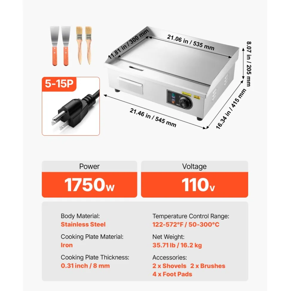 VEVOR Commercial Electric Griddle, 1750W, 122-570°F Adjustable Temp Control, Stainless Steel Countertop Flat Top Grill with 2 Spatulas, 2 Brushes and 4 Foot Pads, for Steak, Pancake