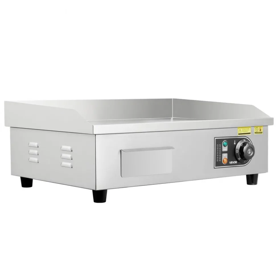 VEVOR Commercial Electric Griddle, 1750W, 122-570°F Adjustable Temp Control, Stainless Steel Countertop Flat Top Grill with 2 Spatulas, 2 Brushes and 4 Foot Pads, for Steak, Pancake