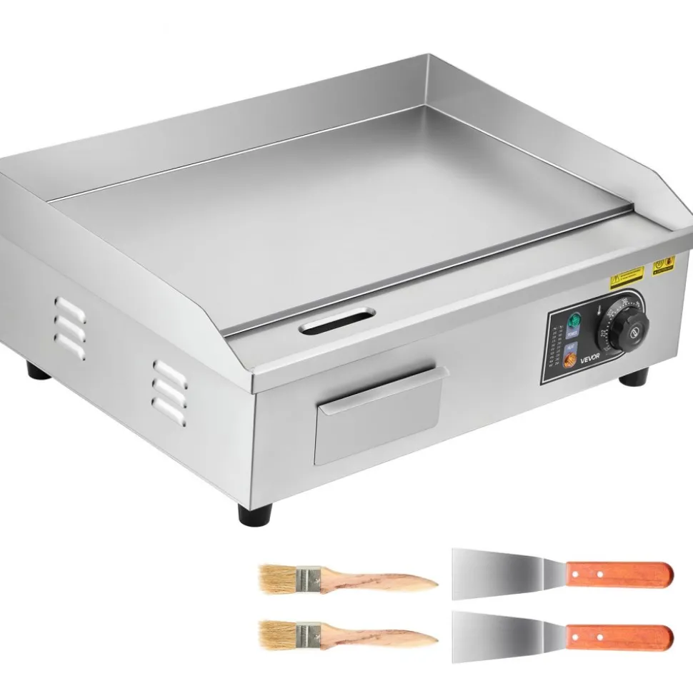 VEVOR Commercial Electric Griddle, 1750W, 122-570°F Adjustable Temp Control, Stainless Steel Countertop Flat Top Grill with 2 Spatulas, 2 Brushes and 4 Foot Pads, for Steak, Pancake