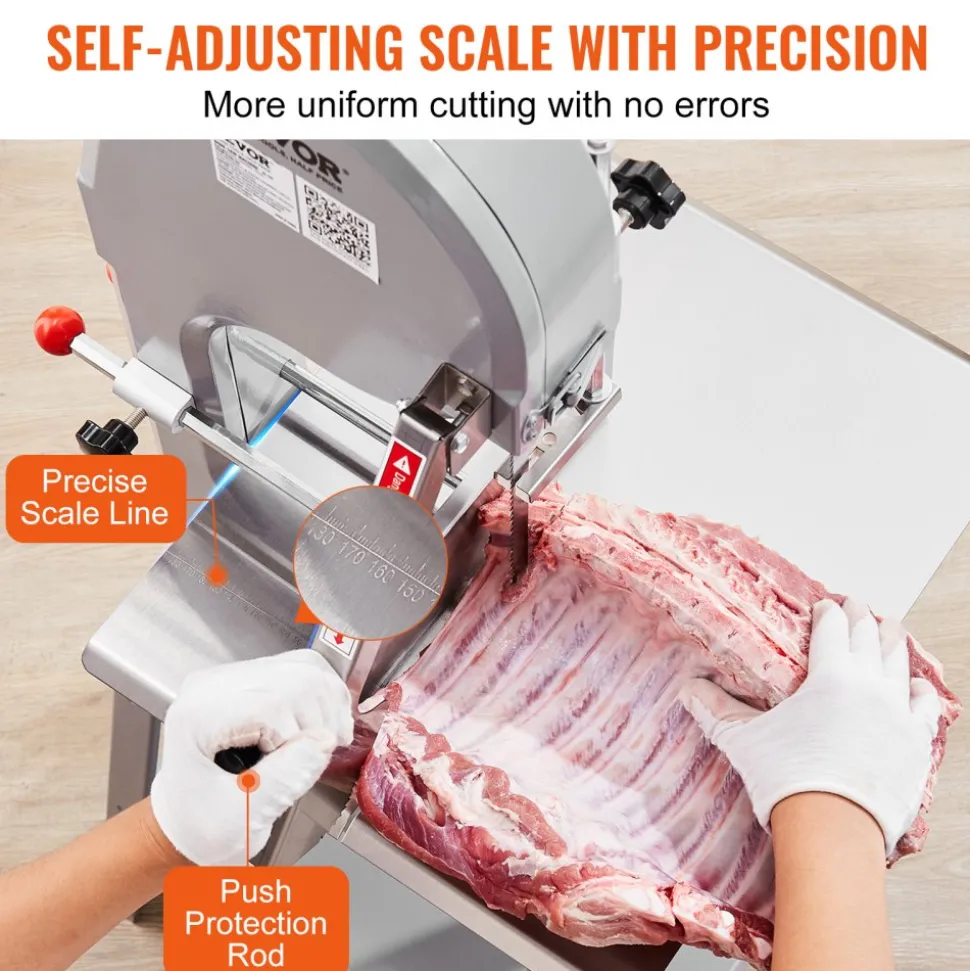 VEVOR Commercial Electric Meat Bandsaw, 1500W Stainless Steel Vertical Bone Sawing Machine, Workbeach 19.3" x 15", 0.16-7.9 Inch Cutting Thickness, Frozen Meat Cutter with 6 Blades for Rib Pork Beef