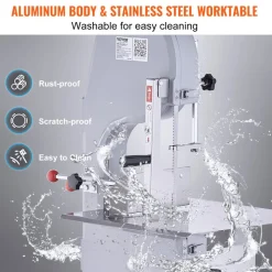 VEVOR Commercial Electric Meat Bandsaw, 1500W Stainless Steel Vertical Bone Sawing Machine, Workbeach 19.3