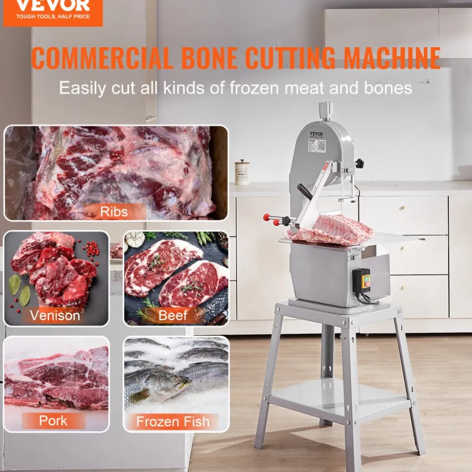 VEVOR Commercial Electric Meat Bandsaw, 1500W Stainless Steel Vertical Bone Sawing Machine, Workbeach 19.3" x 15", 0.16-7.9 Inch Cutting Thickness, Frozen Meat Cutter with 6 Blades for Rib Pork Beef