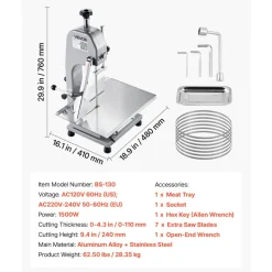 VEVOR Commercial Electric Meat Bandsaw, 1500W Bone Sawing Machine with 12.4" x 18.1" Workbench, 0-4.3" Cutting Thickness, 7 Extra Replacement Blades, for Cutting Bone, Frozen Meat, Pork, Beef & Ribs