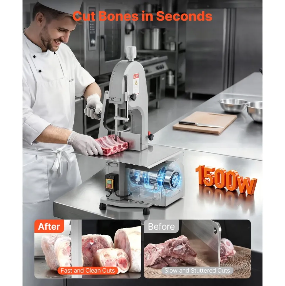 VEVOR Commercial Electric Meat Bandsaw, 2200W Stainless Steel Countertop Bone Sawing Machine, Workbeach 18.5" x 20.9", 0-7.1 Inch Cutting Thickness, Frozen Meat Cutter with 6 Blades for Rib Pork Beef