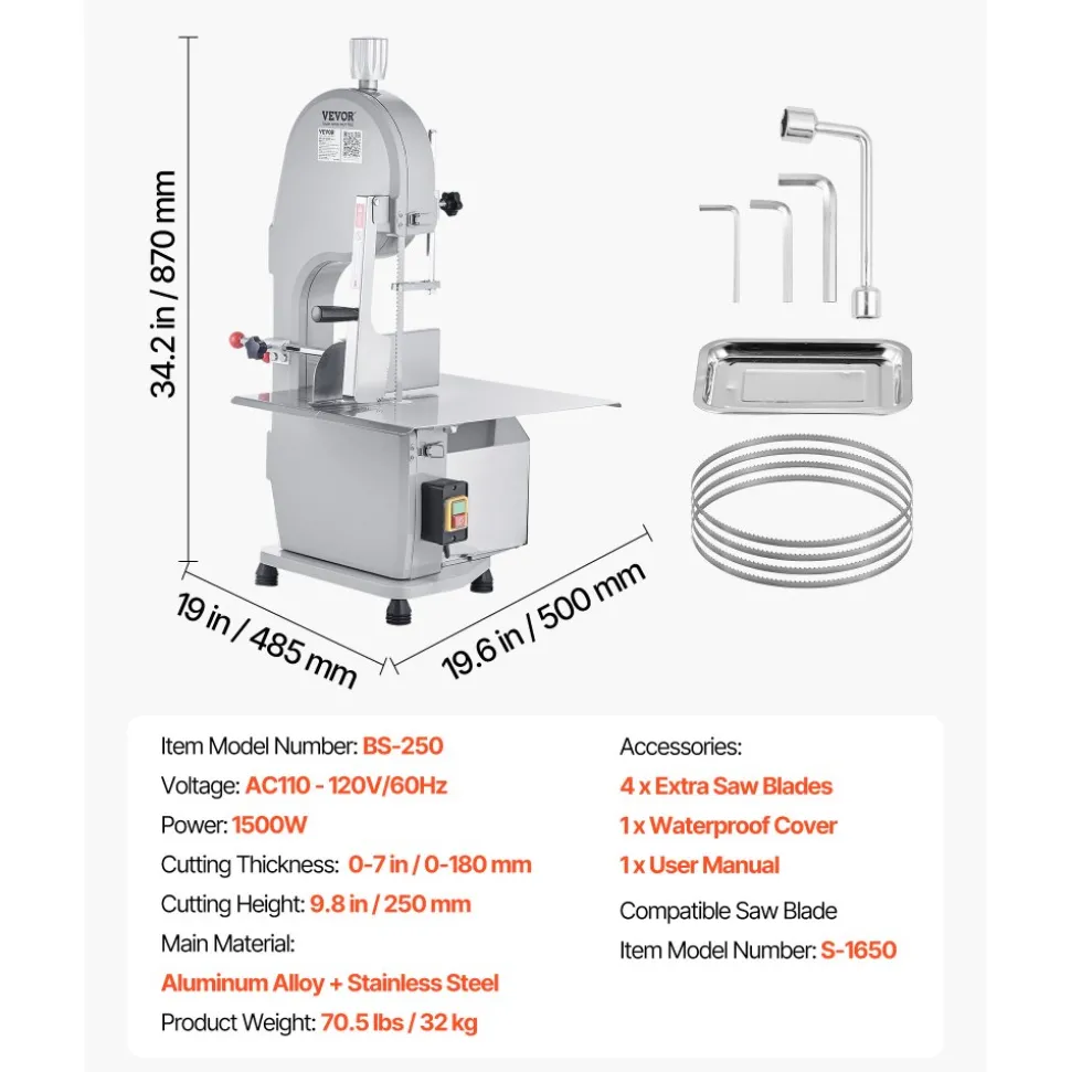 VEVOR Commercial Electric Meat Bandsaw, 2200W Stainless Steel Countertop Bone Sawing Machine, Workbeach 18.5" x 20.9", 0-7.1 Inch Cutting Thickness, Frozen Meat Cutter with 6 Blades for Rib Pork Beef