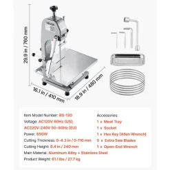 VEVOR Commercial Electric Meat Bandsaw, 650W Stainless Steel Countertop Meat Sawing Machine, Workbench 12.4