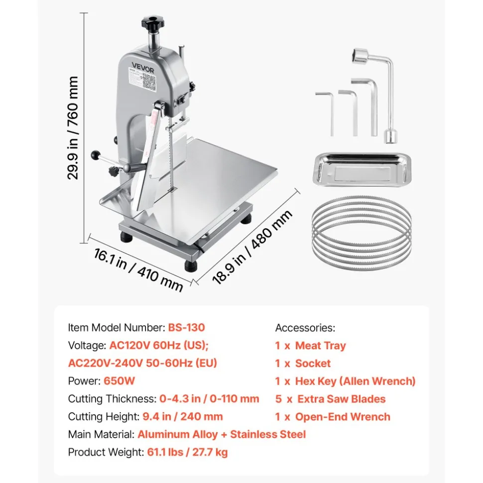 VEVOR Commercial Electric Meat Bandsaw, 650W Stainless Steel Countertop Meat Sawing Machine, Workbench 12.4" x 18.1", 4.33 Inch Max Cutting Thickness, Frozen Fish Cutter for Rib Pork Beef