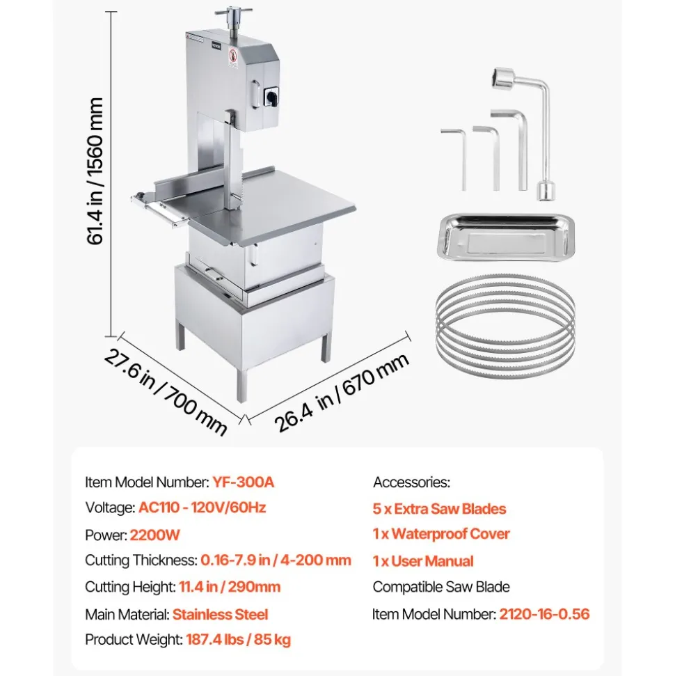 VEVOR Commercial Electric Meat Bandsaw, 2200W Stainless Steel Vertical Bone Sawing Machine, Workbeach 24.4" x 20.5", 0.16-8.7 Inch Cutting Thickness, Frozen Meat Cutter with 6 Blades for Rib Pork Beef
