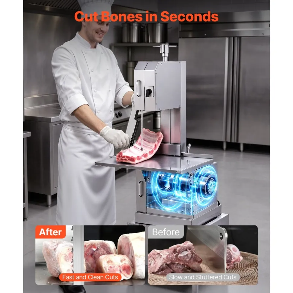 VEVOR Commercial Electric Meat Bandsaw, 2200W Stainless Steel Vertical Bone Sawing Machine, Workbeach 24.4" x 20.5", 0.16-8.7 Inch Cutting Thickness, Frozen Meat Cutter with 6 Blades for Rib Pork Beef
